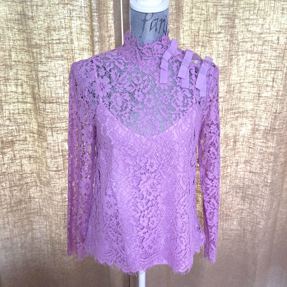 J. Crew Mockneck Top in Floral Lace Lavender, Size 4
